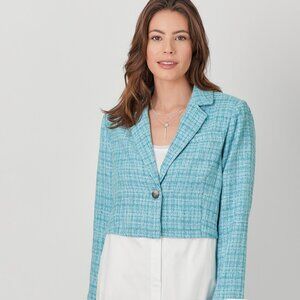 Mystree Boutique Aqua Tweed Layered Shirt Jacket Top | Coastal Chic Officecore